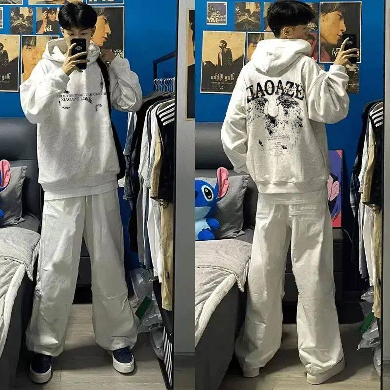 花灰色美式翅膀印花男女连帽卫衣秋冬季情侣百搭学生加绒加厚帽衫