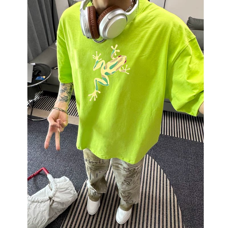 荧光绿夏季新款宽松纯棉男女上衣ins美式潮牌高街印花圆领短袖T恤