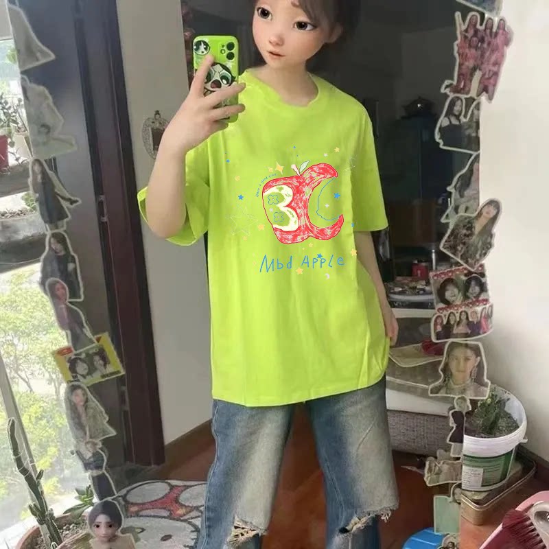 荧光绿新款美式复古趣味印花纯棉短袖t恤男女夏季宽松慵懒风上衣