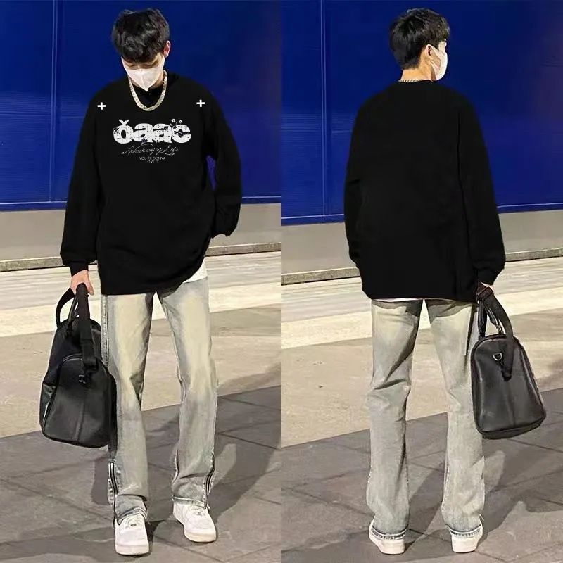 韩版无帽慵懒风圆领卫衣秋冬季加绒加厚宽松情侣男女百搭外穿上衣