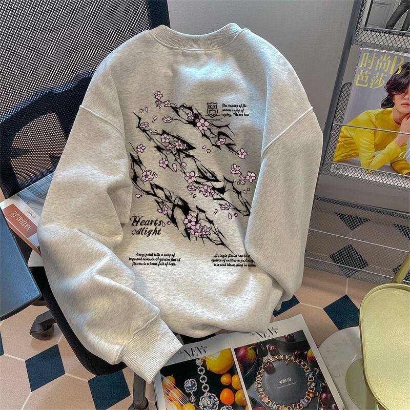 花灰色潮牌美式秋冬款圆领卫衣闪电印花男女情侣加厚加绒无帽上衣