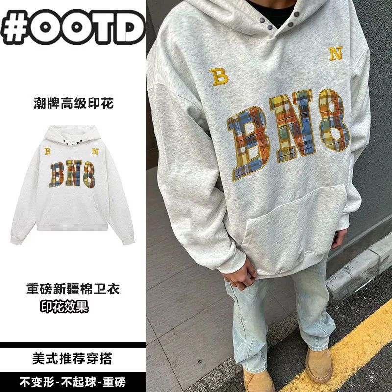加绒加厚ins慵懒风纽扣款连帽卫衣美式男女情侣高街字母秋冬帽衫