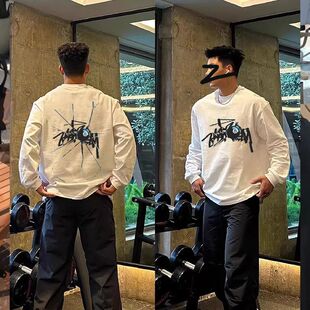 纯棉潮牌美式高街痞帅印花打底衫春秋港风男女情侣带螺口长袖T恤