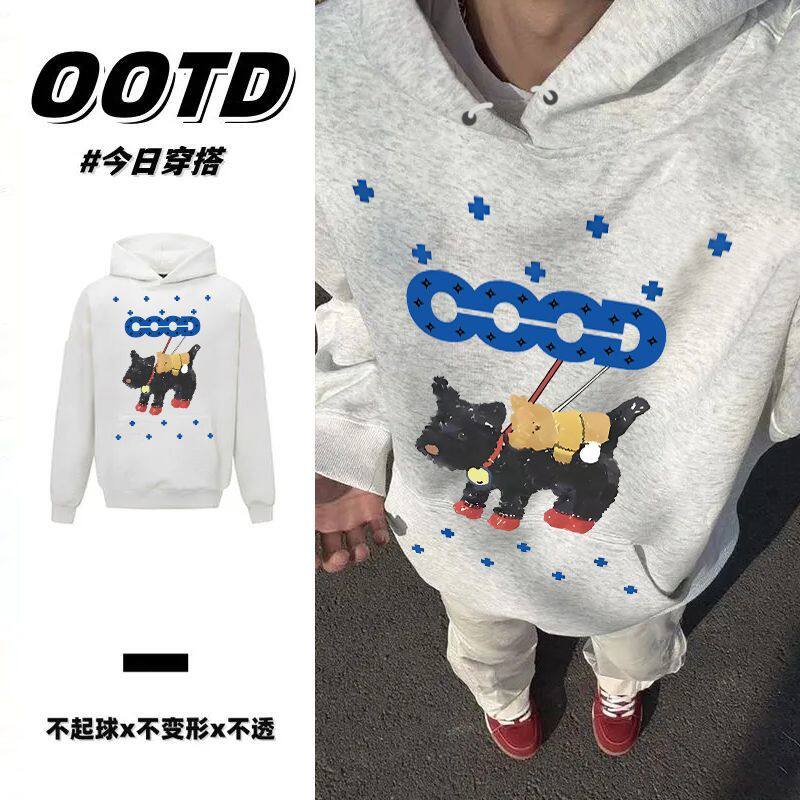 花灰色重磅美式卡通男女连帽卫衣秋冬加绒加厚ins慵懒风情侣帽衫