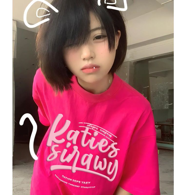 玫红色纯棉重磅短袖t恤男女夏季爆款字母印花设计感情侣上衣半袖