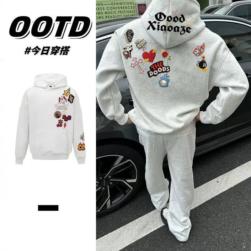 花灰色秋冬潮牌设计感印花纯棉连帽卫衣男女情侣韩版加绒加厚帽衫