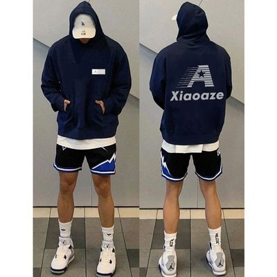 藏青色加绒加厚连帽卫衣男女秋冬款百搭印花帽衫港风潮流情侣外套