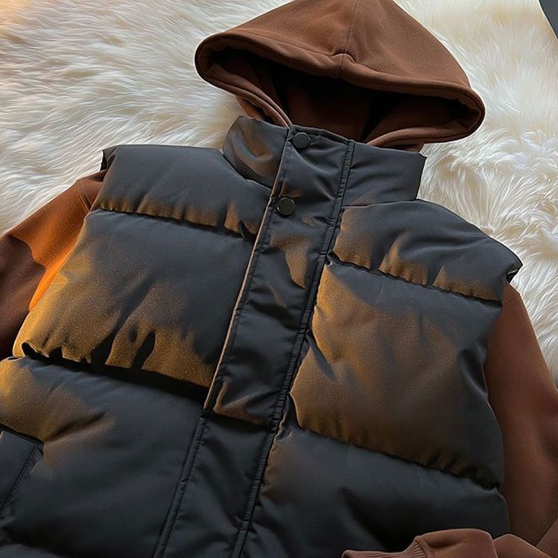 秋冬男女款纯色马甲连帽卫衣套装两件套加厚保暖上衣百搭马甲外套