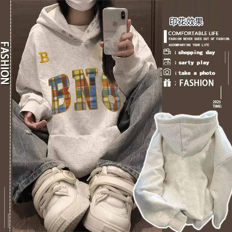 加绒加厚ins慵懒风纽扣款连帽卫衣美式男女情侣高街字母秋冬帽衫