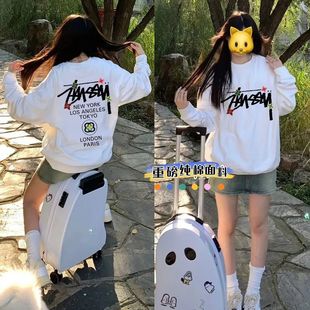 加绒加厚印花圆领卫衣男女秋冬美式高街慵懒风高级感潮牌情侣上衣