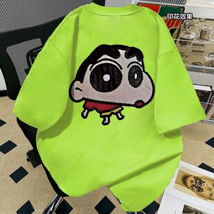 美治愈系式卡通印花短袖t恤男女宽松夏季休闲潮牌荧光绿半袖上衣