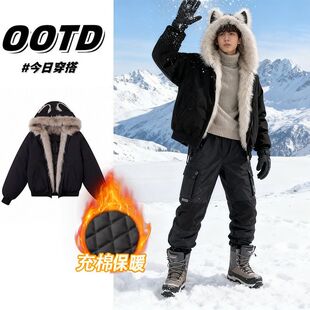 冬季高级感猫耳朵座山雕毛领棉服男女款黑色时尚棉衣加厚保暖外套