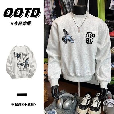 花灰色秋冬原宿风加厚加绒圆领卫衣男女情侣日系印花纯棉无帽上衣