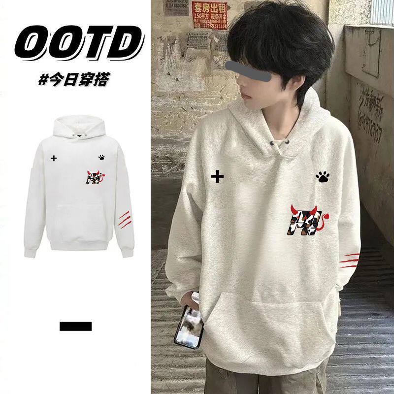 花灰色潮牌设计感印花连帽卫衣男女情侣秋冬美式小众加绒加厚帽衫