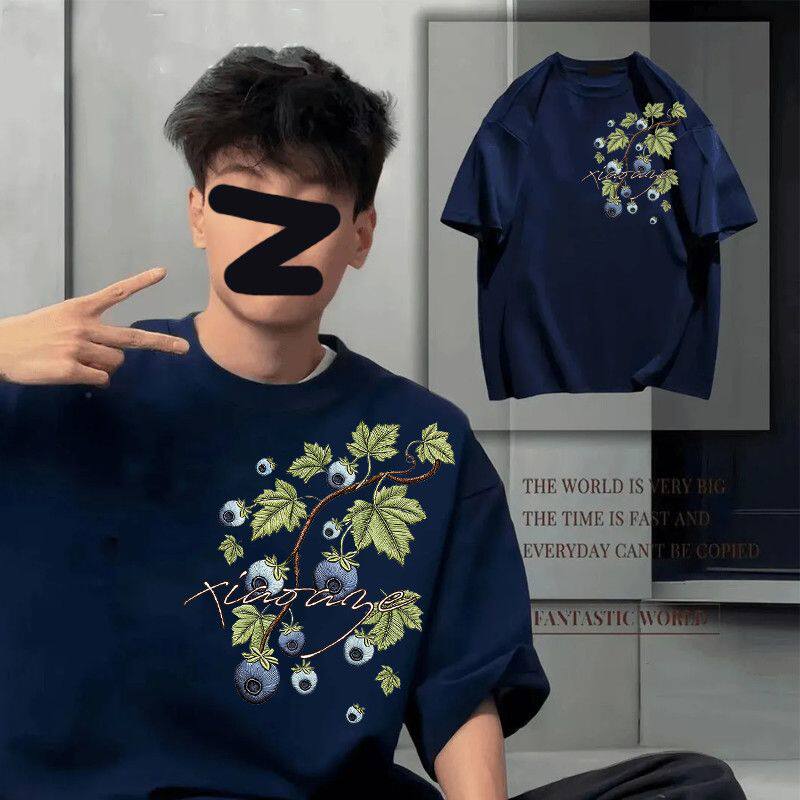 藏青色美式复古仿刺绣印花短袖t恤男女夏季潮牌花卉纯棉情侣上衣