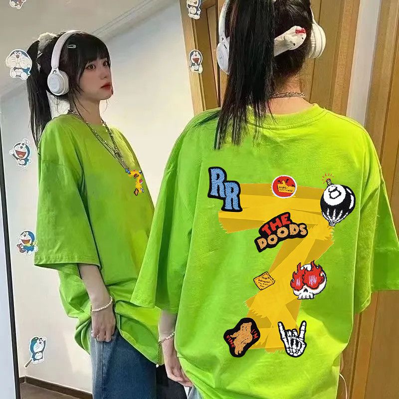 荧光绿夏季美式印花短袖T恤男女潮牌百搭情侣半袖体恤宽松上衣ins