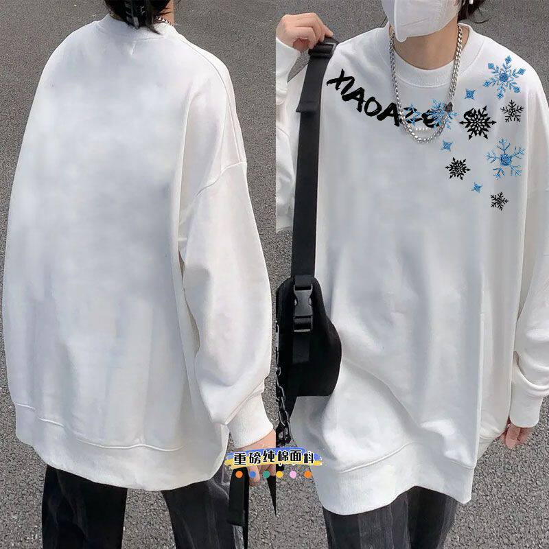 美式仿刺绣雪花印花情侣款圆领卫衣秋冬国潮男女加绒加厚纯棉上衣