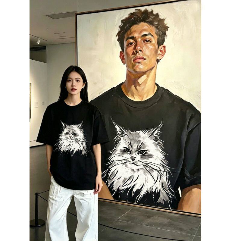 100%纯棉复古素描猫印花T恤短袖潮流男女情侣装宽松夏季百搭上衣