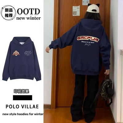 藏青色美式高街潮牌情侣款连帽卫衣男女秋冬加绒加厚百搭外套帽衫