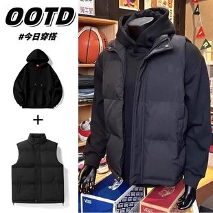 马甲男款秋冬季叠穿两件套加厚保暖无袖背心棉服帽衫套头卫衣外套