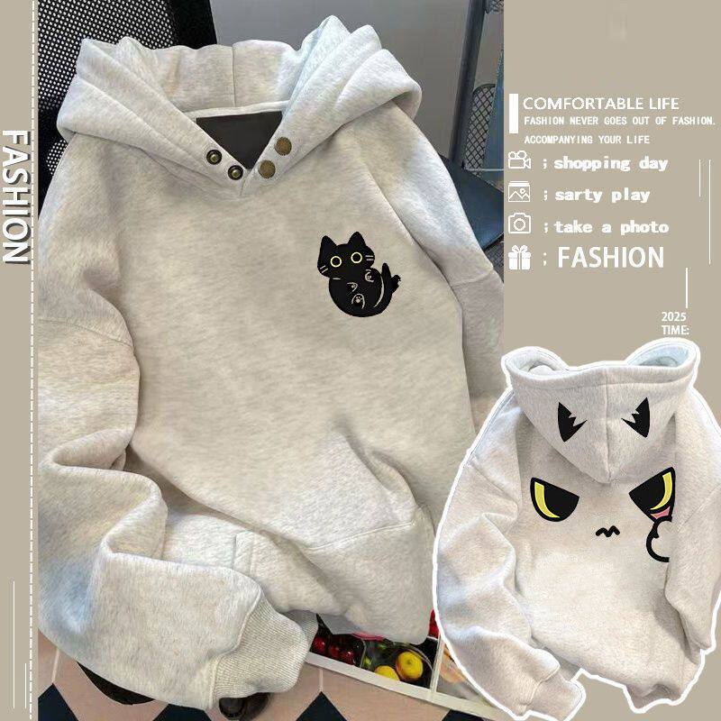 潮流男女秋冬季加绒加厚学生外套美式卡通猫咪印花纽扣款连帽卫衣