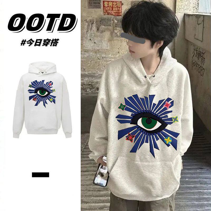 花灰色美式复古男女印花连帽卫衣秋冬季加绒加厚痞帅宽松情侣帽衫