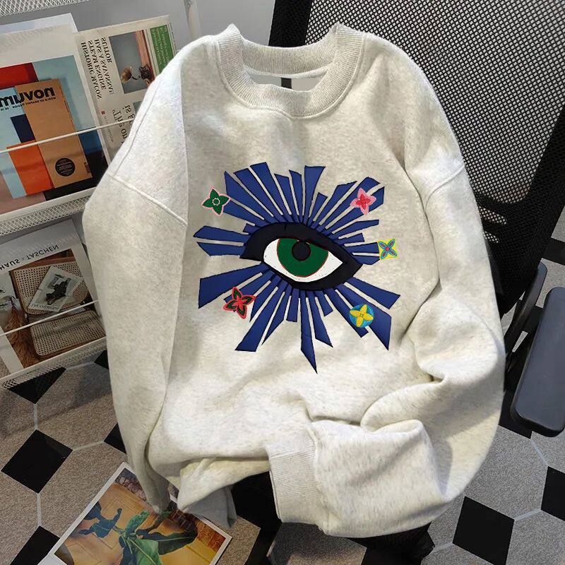 花灰色秋冬新款加绒加厚无帽圆领卫衣男女潮流美式印花情侣款上衣