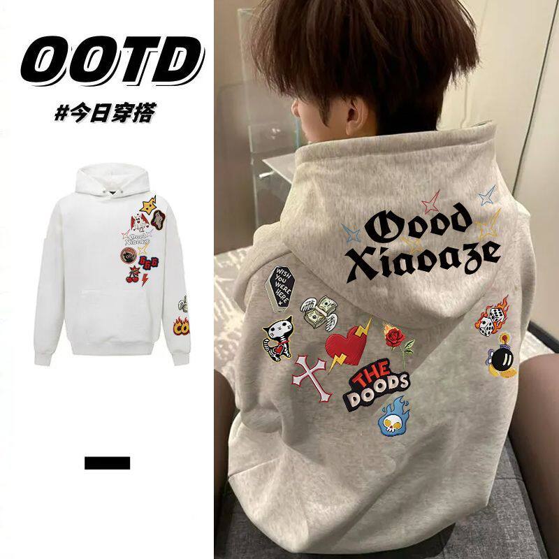 花灰色秋冬潮牌设计感印花纯棉连帽卫衣男女情侣韩版加绒加厚帽衫