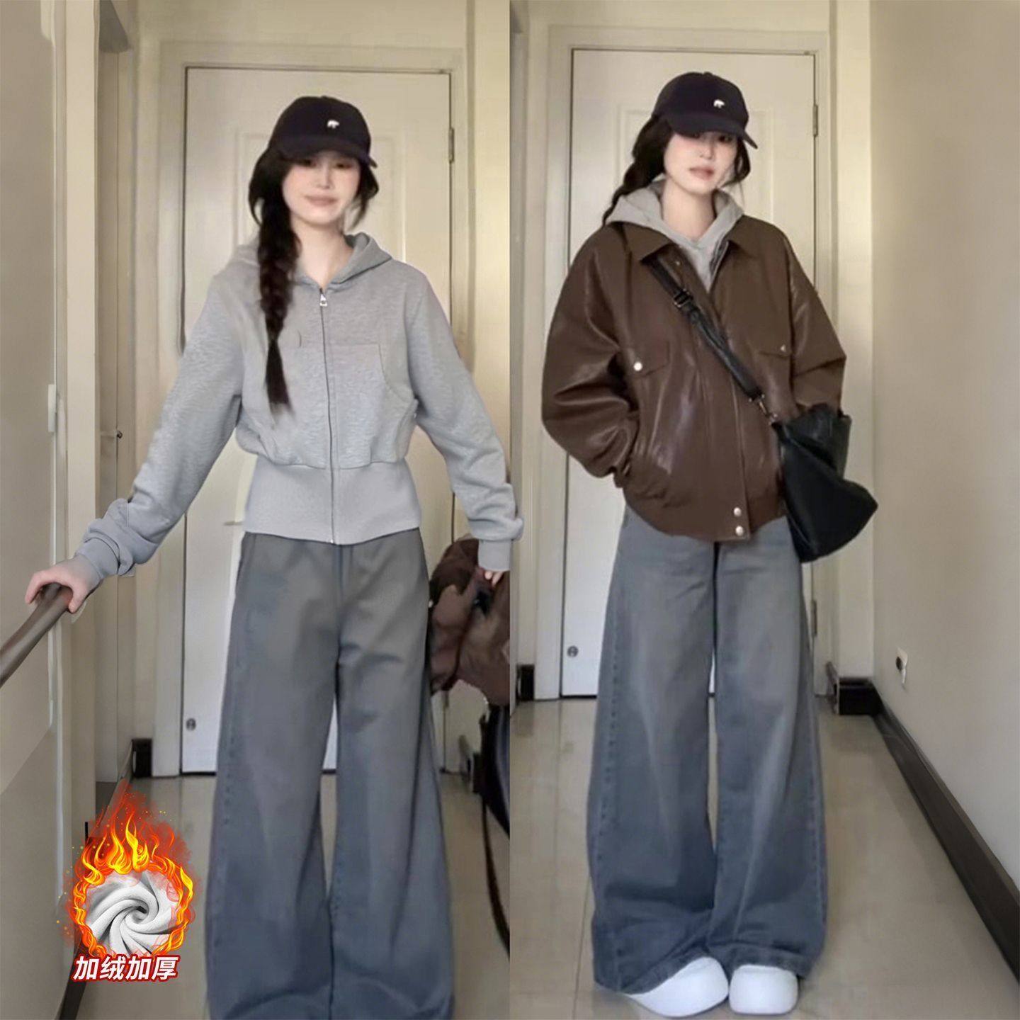 灰色正肩短款卫衣外套女秋冬季新款修身上衣加绒韩系穿搭连帽开衫