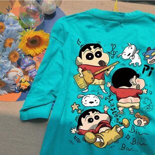 纯棉可爱卡通印花短袖T恤男女学生夏季湖绿色韩版宽松ins情侣上衣