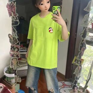 荧光绿美式 卡通人物短袖 夏季 ins潮流高街印花男女t恤上衣 纯棉夏季