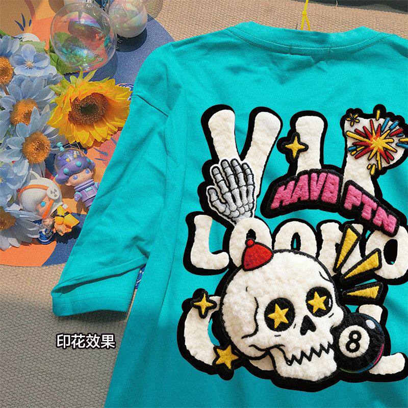湖绿色纯棉夏季短袖t恤复古卡通男女高街潮牌情侣上衣休闲半袖ins