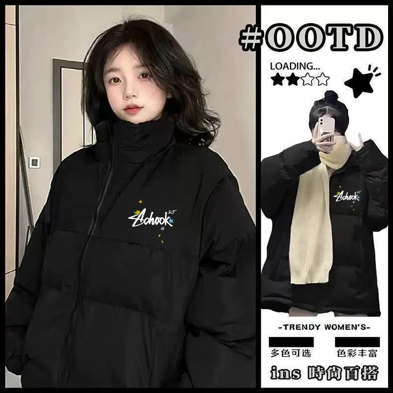 港风潮流棉服2025无帽款日系冬季棉袄时尚男女宽松印花棉衣面包服