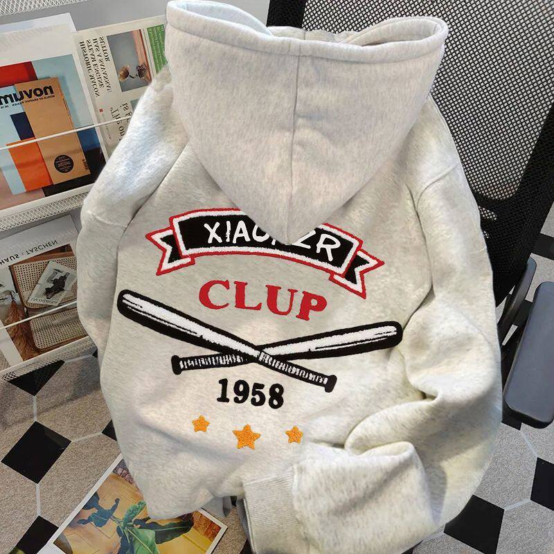 花灰色秋冬高街复古vibe连帽卫衣潮流男女情侣高级感加绒加厚帽衫