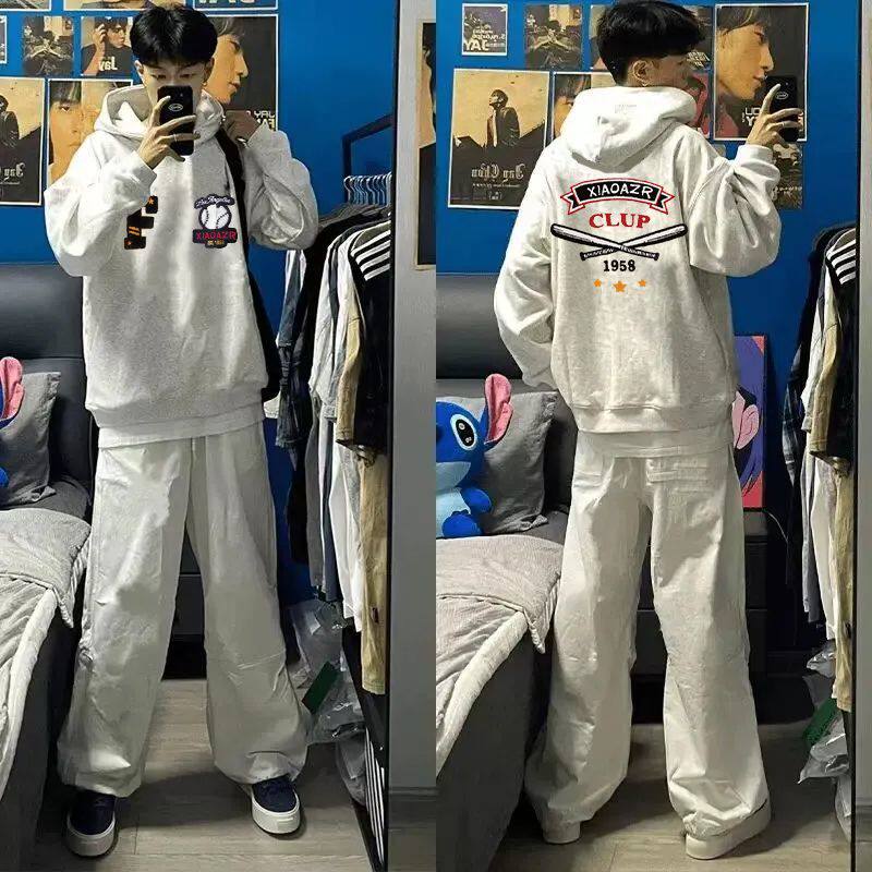 花灰色秋冬高街复古vibe连帽卫衣潮流男女情侣高级感加绒加厚帽衫