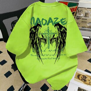 美式复古高街翅膀印花短袖t恤男女款oversize夏季街头荧光绿上衣