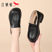 秋冬鞋 真皮英伦新款 子休闲皮鞋 红蜻蜓女鞋 女款 乐福鞋 加绒保暖冬季