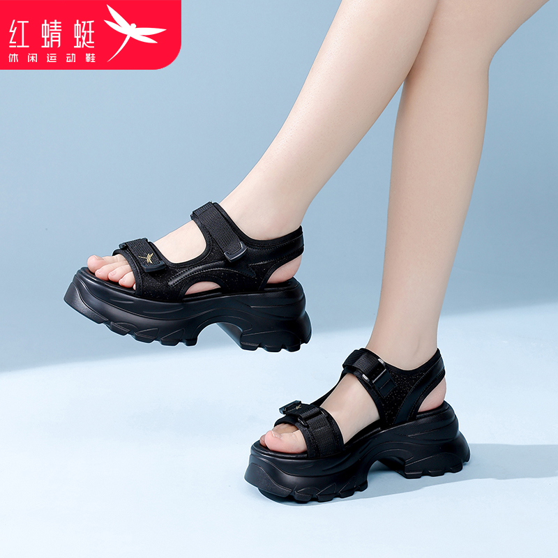 红蜻蜓老爹厚底女士运动沙滩凉鞋女款2025新款夏天小个子显高黑色