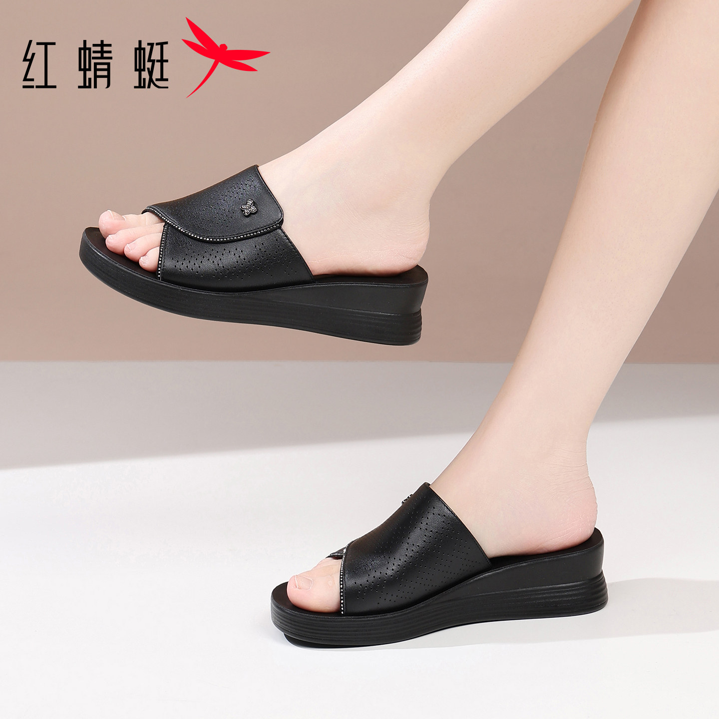 红蜻蜓一字拖女士拖鞋女真皮凉鞋图片