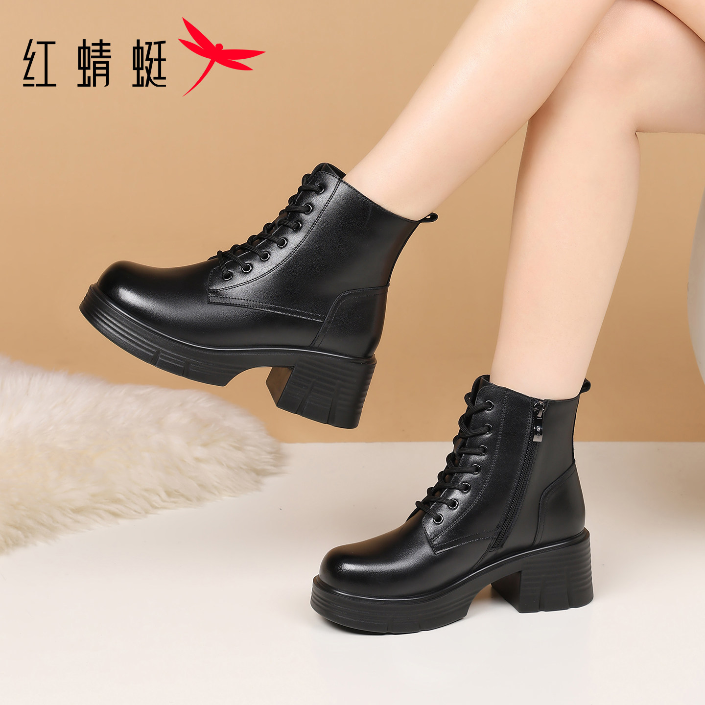 红蜻蜓女鞋冬季靴子女士高跟厚底增高短靴马丁靴女款新款真皮加绒
