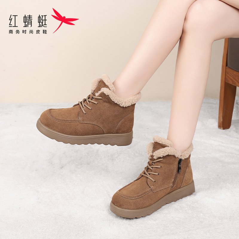 加绒短靴雪地靴红蜻蜓棉靴冬季