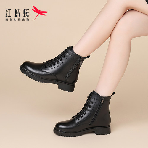 秋季马丁靴红蜻蜓短靴加绒牛皮