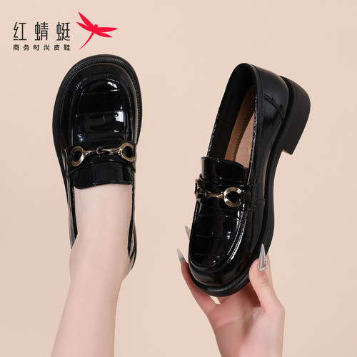 红蜻蜓乐福鞋英伦亮面小皮鞋夏季