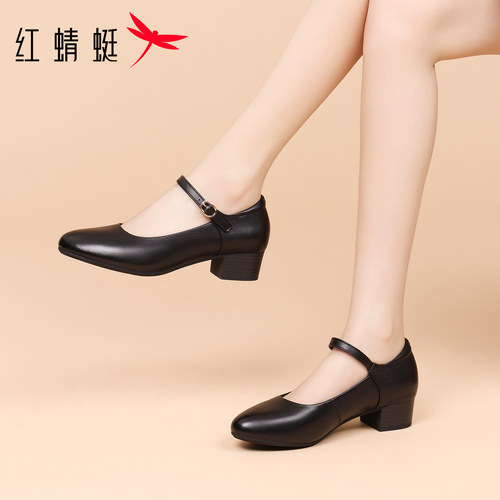 红蜻蜓高跟玛丽珍女鞋小皮鞋真皮