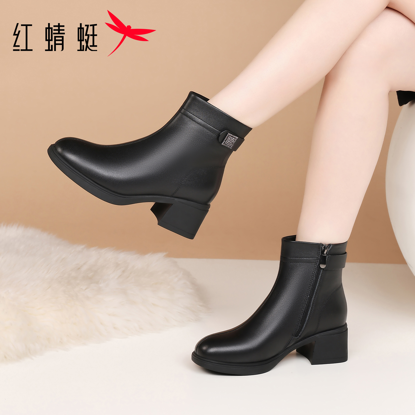 红蜻蜓靴子女短靴棉靴真皮