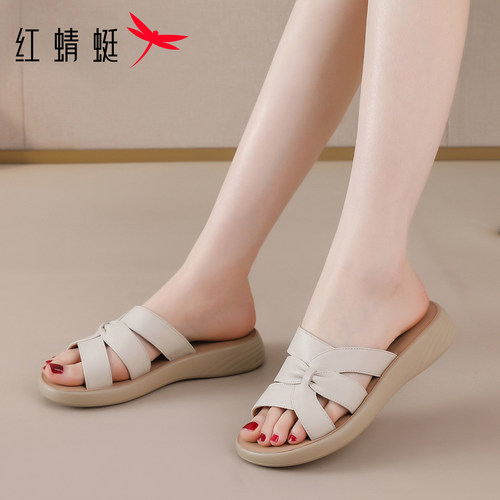 红蜻蜓真皮一字拖软底妈妈拖鞋女