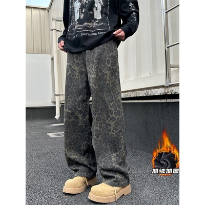【NO LOGO PLUS】早起工作室2025冬季加绒大码男士宽松豹纹牛仔裤
