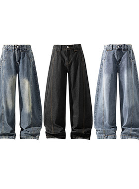 【NO LOGO PLUS】2025秋冬阔腿裤加绒男士休闲运动拼接弯刀牛仔裤