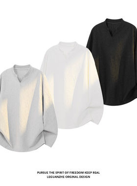 【NO LOGO PLUS】2025春季新款港风大码V领长袖T恤男士休闲打底衫