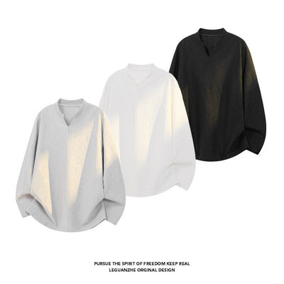 春季新款港风V领长袖T恤男打底衫